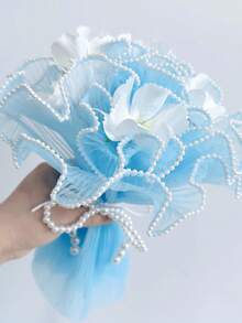 1 Set Of Wave Yarn Wrapping Paper, Faux Pearl Mesh Ribbon, Artificial Flowers And Bouquet Wrapping Material. Suitable For Festival, Wedding, Birthday Decoration, Florist Supplies, Diy Flower Arrangement Packaging Decoration,Kitchen Accessories - Blue - View 2