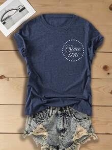 Women's Since 1776 USA Vintage Flag Letter Double‑Sided Print T‑Shirt, 180G Casual Summer Tops, Elegant, Summer Outfits For Women, 4th Of July Outfit - 藏藍色4 - 查看 2