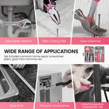 24pcs Pink Home Repair Tool Set, Portable Manual Tool Kit With Hammer, Vise, Wrench, Screwdriver, Etc., Suitable For DIY Projects And Car Emergency Repair, Fashionable Pink Tool Set With Neat Storage Design - 24Pcs Set-Pink - View 11