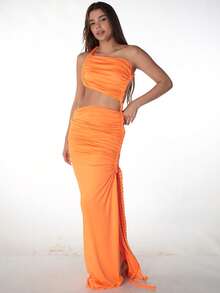 Women's Summer Solid Color Patchwork Backless Side Slit Ruched Long Dress, Fitted Sexy Elegant Party Gown - Orange - View 3