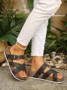 Sandal đế bánh mì nữ mùa hè kiểu retro màu đen, quai đan chéo đính đinh tán, hở ngón, đế dày điều chỉnh được, dép lê casual chống trượt - màu đen - Xem 5