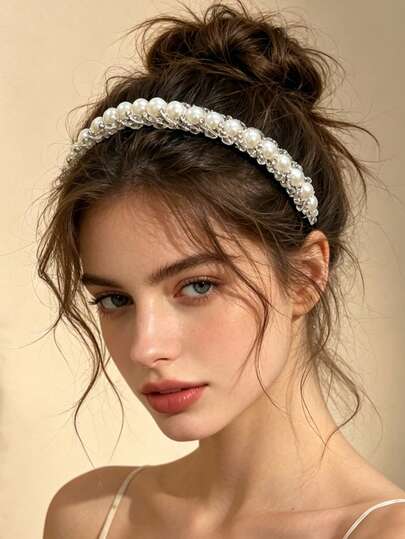 1pc Bridal Hair Accessory, Handcrafted Pearl Beaded Headband, Hair Hoop For Bun, Ponytail, Suitable For Wedding, Party, Vacation, Casual Daily Wear