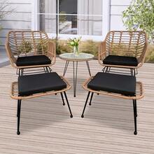 5pcs Rattan Patio Furniture Set With Glass Table Modern Garden Bistro Set With Cushions, Lounge Chairs And Ottomans For Balcony, Backyard, Outdoor Tea Time, Black Cushion, Rust-Resistant Frame - Grey - View 6