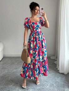 Women's Dress With Petal Sleeve Design, Square Neck And Fitted Waist With Print - 灰色 - 查看 2