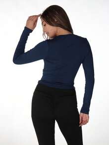 Blusa de mujer de unicolor con cuello de encaje, top ajustado sexy y de moda, blusa casual y única para uso diario y fiestas, color rojo primaveral - Azul marino - Ver 8