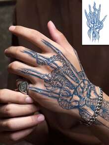 1pc Punk Style Herbal Juice Skull Bone Snake Bone Pattern Creative Temporary Tattoo Sticker, Lasts 1-2 Weeks, Waterproof And Easy To Use, Suitable For Men And Women On Hands, Natural Matte Finish, Reusable Waterproof Temporary Tattoo, Essential For Parties, Gifts, Travel, Music Festivals, Suitable For People For Daily Use - Blue - View 3