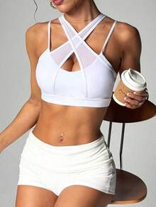Women's Fashionable Solid Color Removable Padded Mesh Patchwork Sports Knit Bra - White - View 6