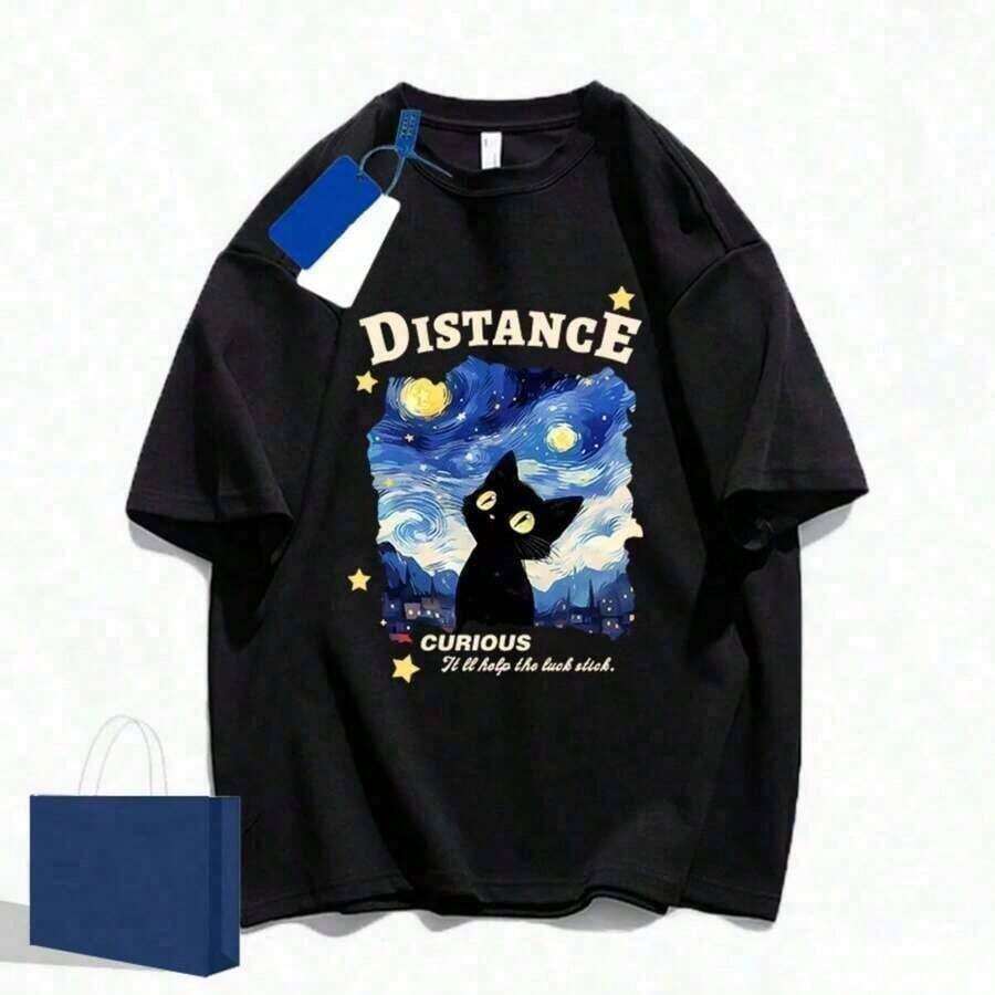 Graphic Print Cotton T-Shirt, Unisex, Summer, Short Sleeve, Casual Style, Vintage, Retro, Loose Fit, Print1.Jpg, Women's T-Shirt Design - 黑色 5 - 查看 1