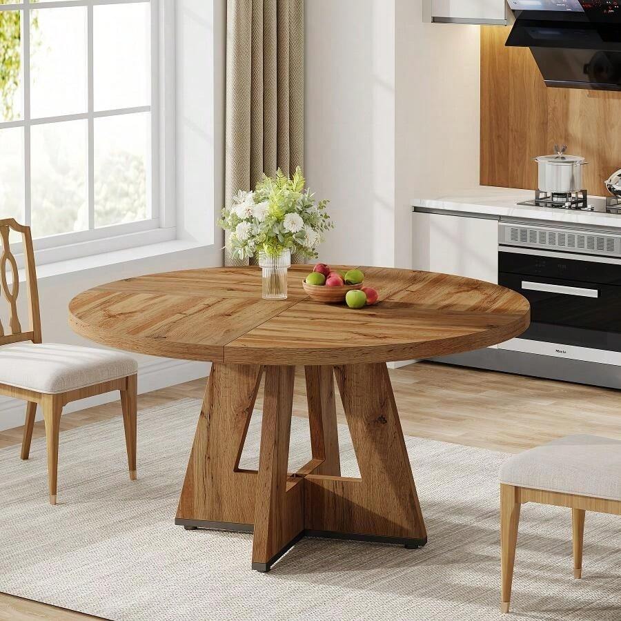 Round Dining Table Suitable For 4 People - 119.38 Cm Retro Base & Engineered Wood Tabletop, Multi-Functional Kitchen Table For Dining Room, Conference Desk, Office Desk, Space-Saving For Small Homes, Assembly - Wood - View 1