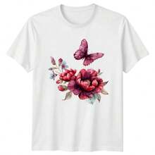 Butterfly Floral Nature Mens Womens T-Shirt Watercolor Graphic Tee - 白色 - 查看 1