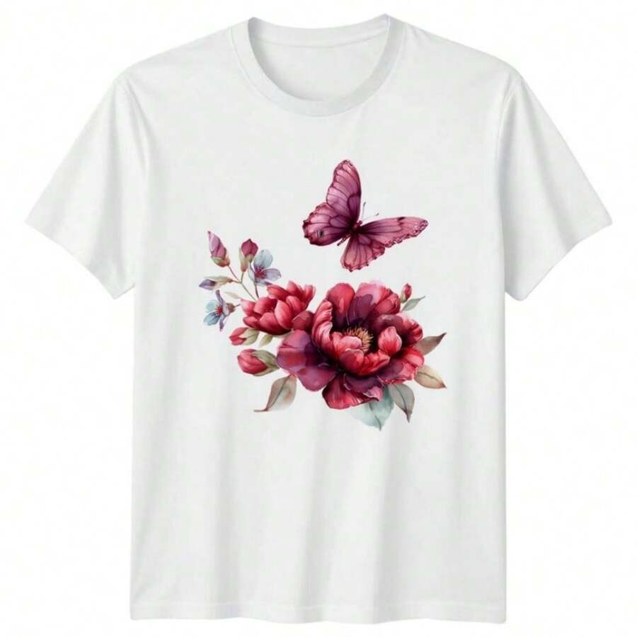 Butterfly Floral Nature Mens Womens T-Shirt Watercolor Graphic Tee - 白色 - 查看 1