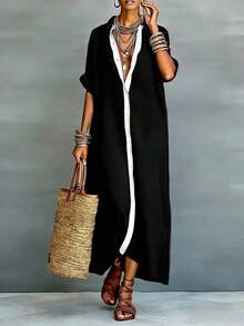xheEMERY ROSE Vestido casual largo de mujer con efecto de lino suelto y parchesxhe - Blanco y Negro - Ver 8