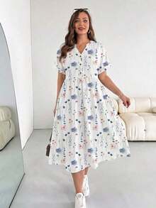 Vestido casual de vacaciones con estampado floral de manga corta para mujer de talla, adecuado para primavera y verano, vestido negro - Multicolor 4 - Ver 8