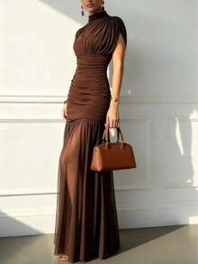 Vestido elegante y sexy de unicolor con volantes de malla, dobladillo plisado, adecuado para la playa, citas nocturnas, bodas, fiestas de cumpleaños, primavera/verano - Celeste - Ver 8