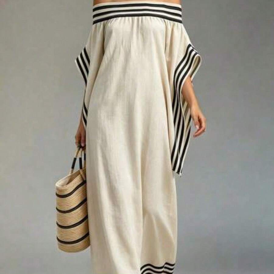 Holidaya Vestido casual y suelto con hombros descubiertos para mujer, adecuado para la playa, picnic, vacaciones, uso casual, negocios y uso diario - Beis - Ver 1