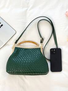 Bolsa Transversal de Couro PU com Estampa de Poá Redonda para Mulheres, Bolsa Mini Estilo Vintage com Fecho de Fivela e Alça de Ombro Ajustável, Bolsa Tote Leve de Cor Sólida com Forro de Poliéster, Estilo Casal - Verde - Visão 8