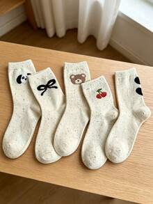 5 Pairs Bow Tie Socks For Women, Solid Color Cute Cartoon Bear Mid-Calf Socks, Autumn/Winter - Multicolor - View 10