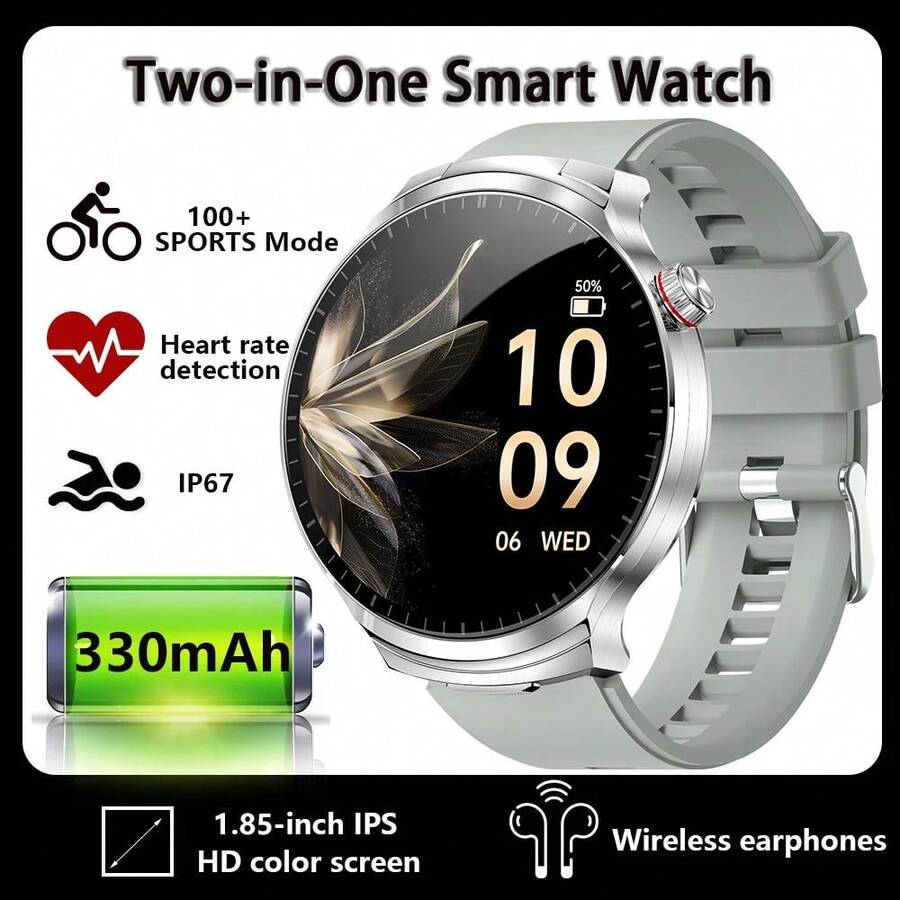 2 En 1 Reloj Inteligente Rastreador Brújula Auriculares Incorporados Llamada Bluetooth Reloj Inteligente Monitor De Salud Fitnes - Silicona plateada - Ver 1