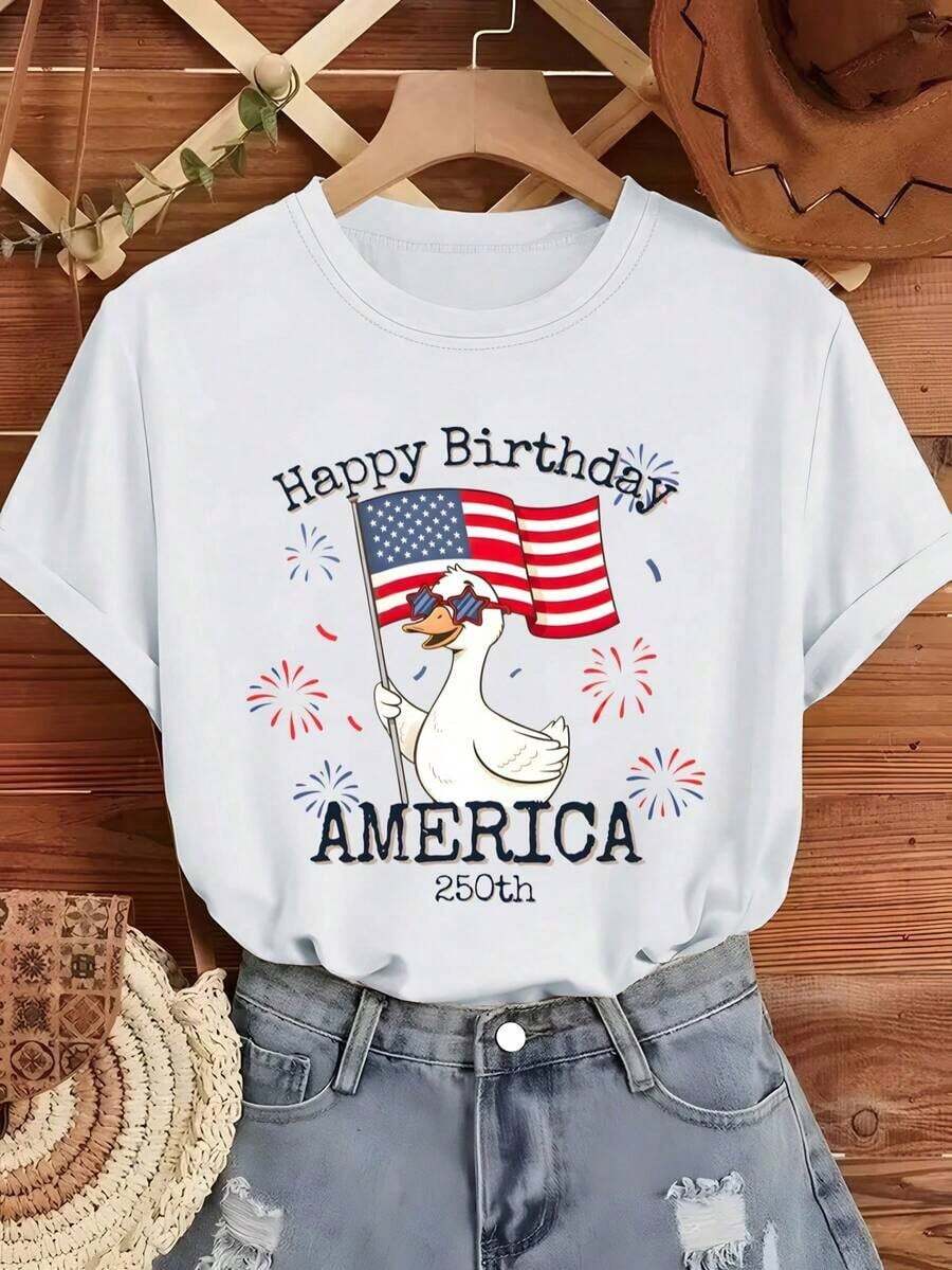 1 Piece [Best Selling T-Shirt] Funny Commemorative T-Shirt For The 250th Anniversary Of The United States - Birthday Wishes And Cartoon Characters - Cute Casual Wear For Spring And Summer - Versatile Basic Crew Neck T-Shirt 180g 100% Cotton - 白色 - 查看 1