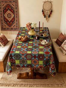 1pc Bohemian Style Geometric Pattern Rectangular Tablecloth With Tassel Trim, Dining Table Cloth, Coffee Table Cover, Home Decor, Room Decoration, Suitable For Kitchen, Dining Room, Living Room, Dining, Gathering, Holiday Celebration, Holiday Decoration, Gift, All Seasons, Spring And Summer Decor - Green Bosey Geometry - View 8