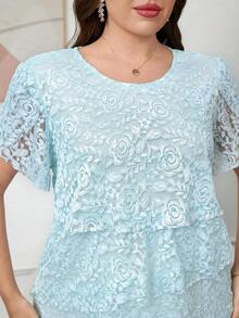 Reflora Vestido de moda con cuello redondo, mangas con volantes y estampado floral para mujer de talla - Azul 3 - Ver 3
