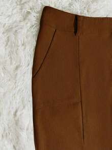 SMUM Women's Corduroy Skirt With Pockets And Slit, With Belt, In Khaki And Leopard Print - Mocha Brown - View 4