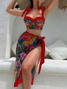 Swim Vcay Traje de baño de 3 piezas para mujer con estampado de plantas tropicales sexy, incluye pareo y falda, adecuado para vacaciones en la playa en verano - Multicolor 2 - Ver 1