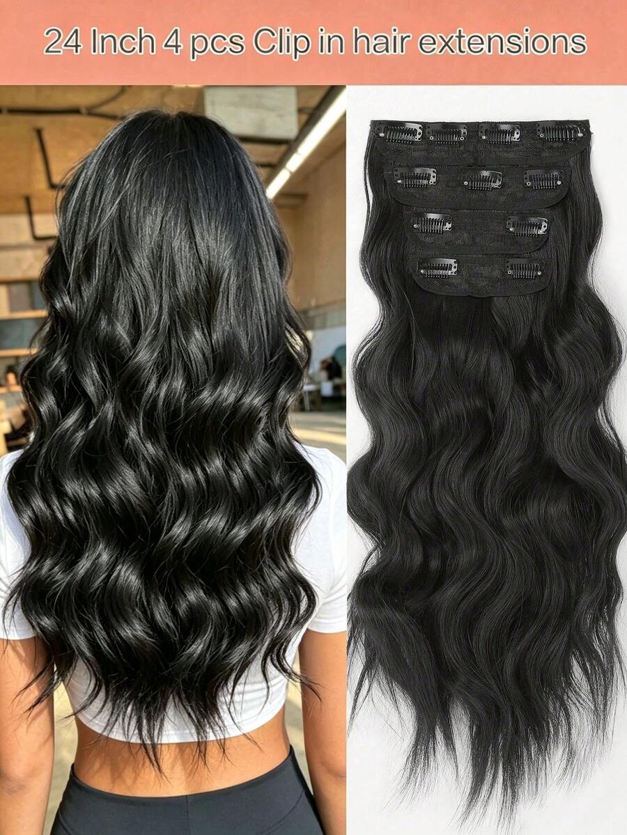 24-Inch 4pcs Black Clip-In Hair Extensions, Long Natural Wavy Texture, Heat-Resistant Synthetic Fiber, Suitable For Women & Girls For Party And Daily Use - Black - View 1