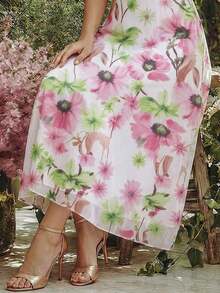 Vestido fluido con estampado francés, mangas sueltas, puños elásticos y drapeado en la cintura para mujeres - Multicolor - Ver 5