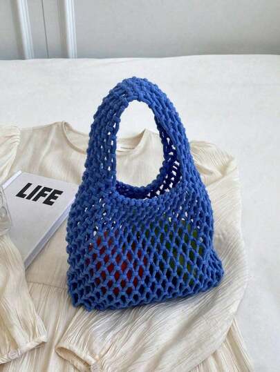 1pc Polyester Crochet Net Mask Base Multicolor Solid Color Rope Knitted Tote Bag, Lightweight Portable Large Open Casual Cute Handbag, Women's Beach Bag, Fashion Cotton Bag, Suitable For New Learners, Teachers, Girls, Ladies, Teacher's Day Gift, Business/Commute/Work/Office, Holiday/Vacation, Outdoor Activities, Travel, Hiking, Sports, Summer & Autumn Climbing