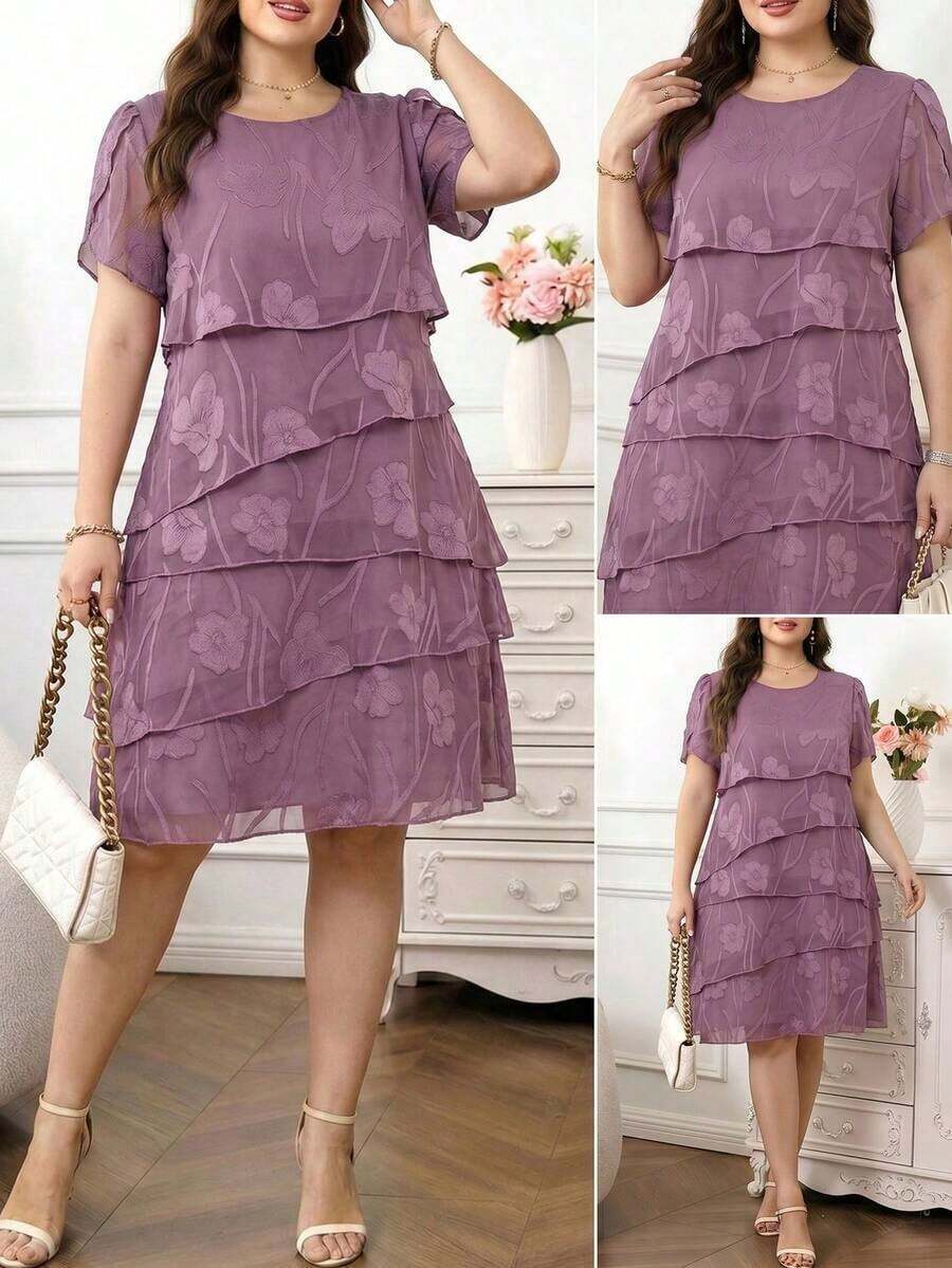 Reflora Vestido de moda con cuello redondo, mangas con volantes y estampado floral para mujer de talla - Morado - Ver 1