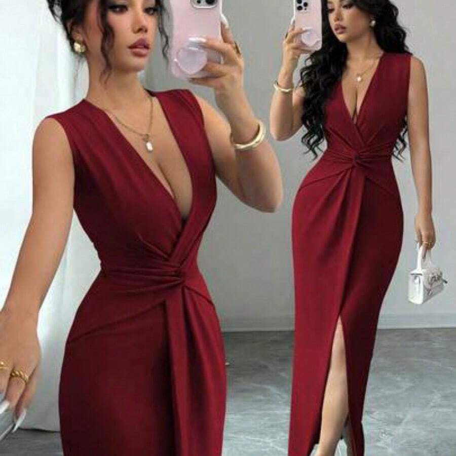 guang zhou mi qian shang mao Elegante vestido con cuello en V plisado, cintura ceñida y abertura, sexy y elegante, adecuado para uso diario y vacaciones, azul claro, primavera/verano - Burdeos - Ver 1