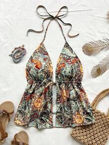 Verano para mujer, top de tirantes halter de verano, Pascua, vacaciones para mujer, ropa occidental para mujer, concierto para mujer, festival rave, mujer bohemia, festival de música, mujer con estampado de girasol vintage arrugado con espalda desc - Multicolor - Ver 2