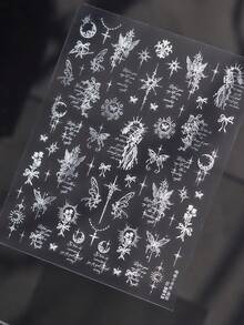 1pc 5D Shiny Starlight Crescent Moon Holy Sword Cross Nail Art Stickers Charms Bowknot Rose Butterfly Angel Manicure Decals Decorations Accessories Press On Nails DIY Nail Art Supplies Design For Women Girls Nails - White - View 3
