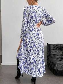 xheBreezaya Vestido largo estampado con mangas de farol, bajo con volantes y cinturón para mujerxhe - Azul y blanco - Ver 2