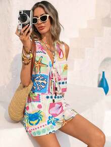 Conjunto de 2 piezas de top sin mangas con nudo y mini falda con estampado minimalista para mujer - Multicolor - Ver 8