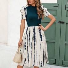 Nana's Women's Clothing Store  Clasi Vestido midi de punto acanalado con cuello alto y estampado, mangas gigot para mujer, elegante para vacaciones y uso diario - Multicolor - Ver 2
