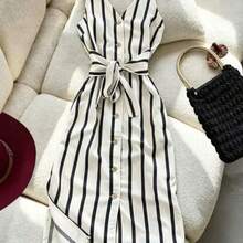 Vestido midi de mujer de un solo pecho con cinturón y rayas, elegante y de moda - Blanco y Negro - Ver 1