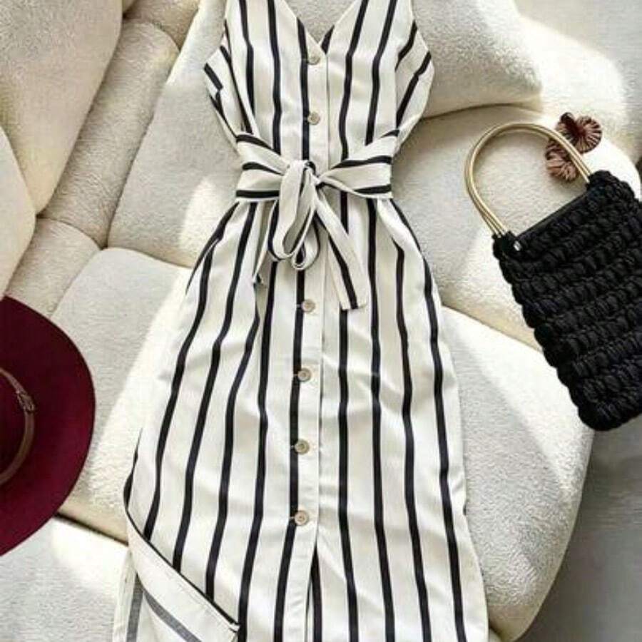 Vestido midi de mujer de un solo pecho con cinturón y rayas, elegante y de moda - Blanco y Negro - Ver 1