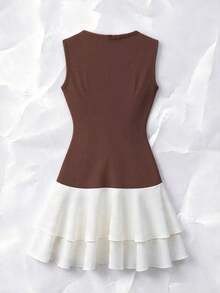Vestido mini de fiesta de moda con cuello redondo, bloque de color y volante en el bajo para mujer - Cafetería - Ver 2