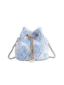 Korean Style Fashion Rhombus Fringed Shoulder Bag Minimalist Elegant High-Quality Crossbody Bag Versatile Drawstring Bucket Bag Suitable For Daily, Date, Evening Party And Other Occasions - Blue and White - View 7