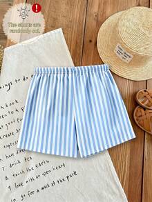 2pcs Girl Set Round-Neck Short-Sleeve T-Shirts With Lemon Pattern Color Print And Casual Striped Shorts Summer Beach Holiday Vocation Set - Baby Blue - View 7