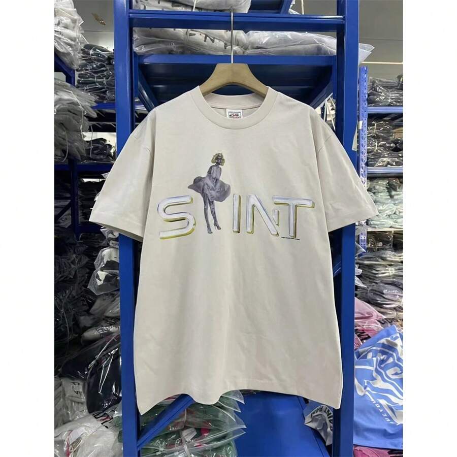 Camiseta de Verano para Hombre, Estilo Casual, Holgada, de Algodón, con Estampado de Robot SAINT, Diseño Vintage Desgastado, Manga Corta, a la Moda - Blanco - Ver 1