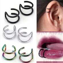 2-Piece Set Of 316L Stainless Steel, Includes Fake Earrings, Ear Clips And Lip Rings, Unisex, No Piercing Required, Ear Bone Earrings, Lip Earrings. - A1-2件-銀色 - 查看 9