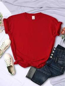 Camiseta de mujer con estampado de llave Primavera Verano Casual Holgada Cuello Redondo Manga Corta - Rojo - Ver 3