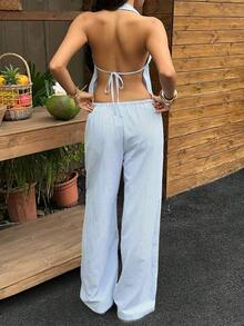 2 piezas Conjunto casual de vacaciones para mujer con top halter sin espalda y pantalones en color caqui tejido - Azul y blanco - Ver 2