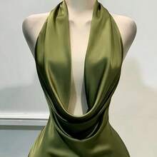 Nana's Women's Clothing Store 1 pieza Vestido corto de satén de unicolor y espalda descubierta, vestido de playa, vestido mini elegante para mujer, vestido casual elegante, vestido fluido, vestido corto de verano - Verde - Ver 3
