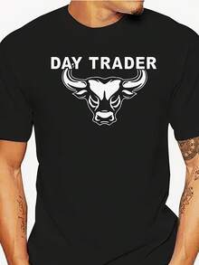 Camiseta de Hombre con Estampado de Day Trader y Mercado Bovino - Tela Suave y Transpirable, Cuello Redondo Casual de Verano, Manga Corta, Lavable a Máquina, Adecuada para Gimnasio y Uso Diario, Camiseta con Estampado Atrevido - Negro - Ver 7