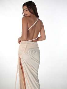 Women's Summer Solid Color Patchwork Backless Side Slit Ruched Long Dress, Fitted Sexy Elegant Party Gown - Apricot - View 9