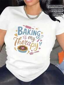 Camiseta de manga corta de poliéster con diseño "El horneado es mi relax" para uso en la cocina, duradera y cómoda, ideal para panaderos, con gráficos de batidor y cupcakes, tela suave, perfecta para atuendos casuales en el hogar o en restaurantes, ropa de mujer para vacaciones, camisas de mujer, ropa de mujer, blusas bonitas. - Blanco - Ver 12